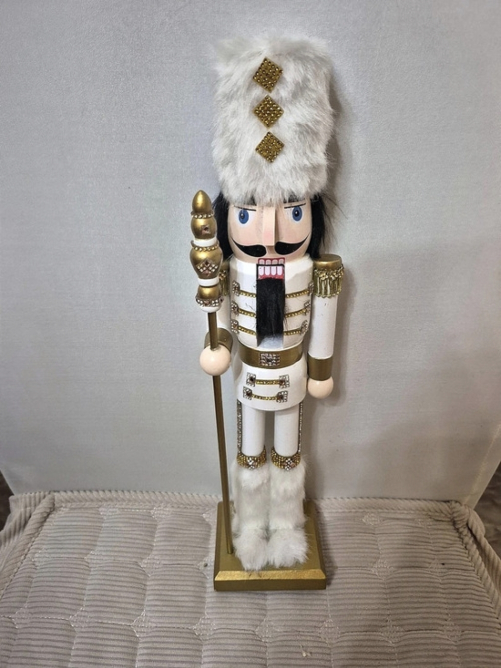 White and Gold Nutcracker Soldier Figurine with Faux Fur Hat